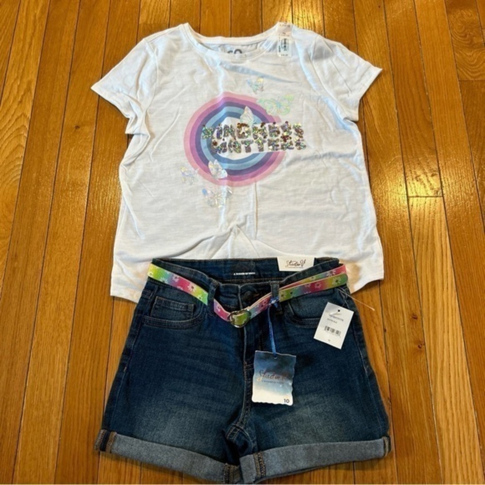 New NWT So Brand Outfit Sequin T-Shirt Studio V Denim Jean Belted Shorts 10/12